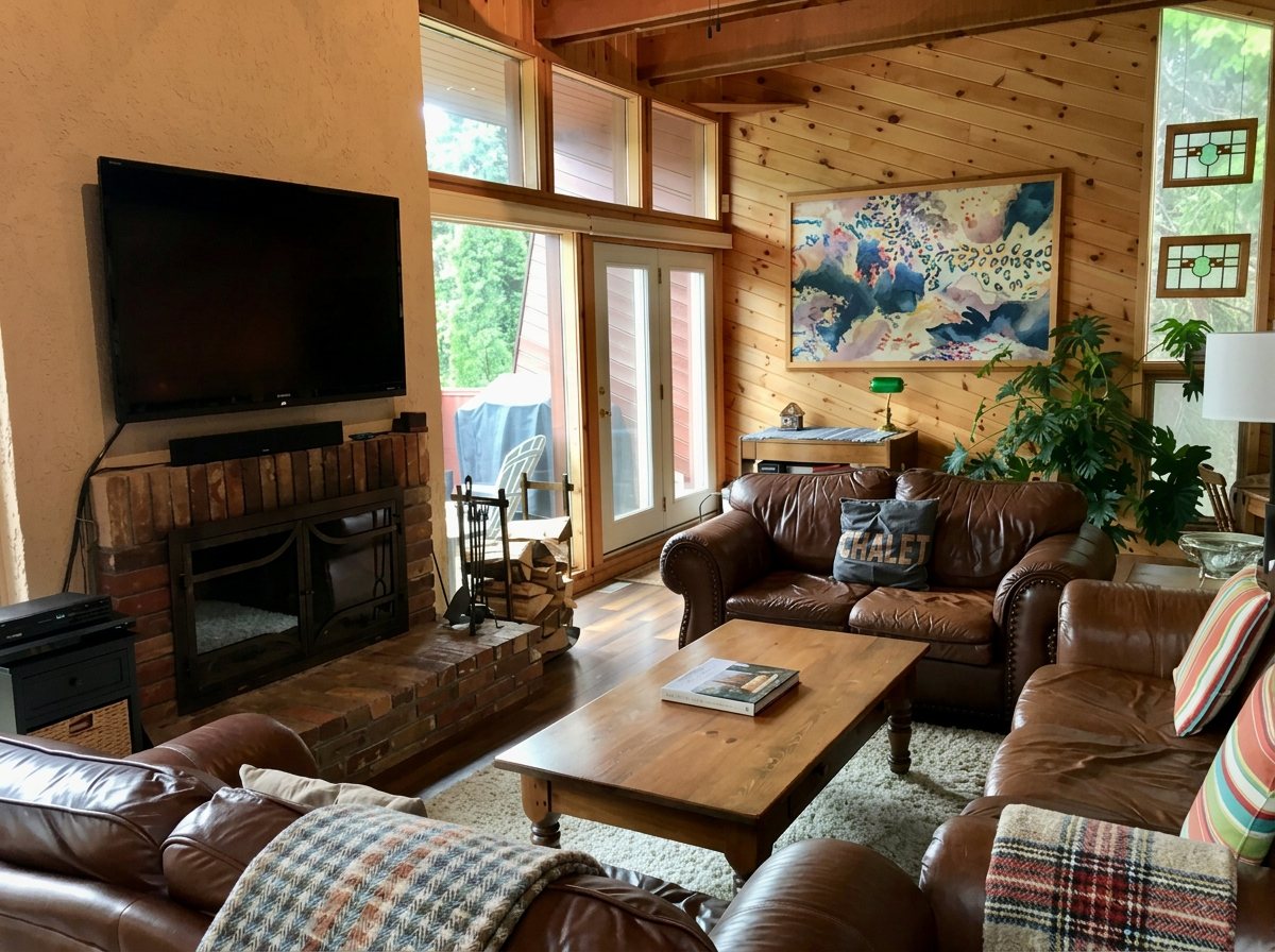 Lounge with smart TV and brick fireplace
