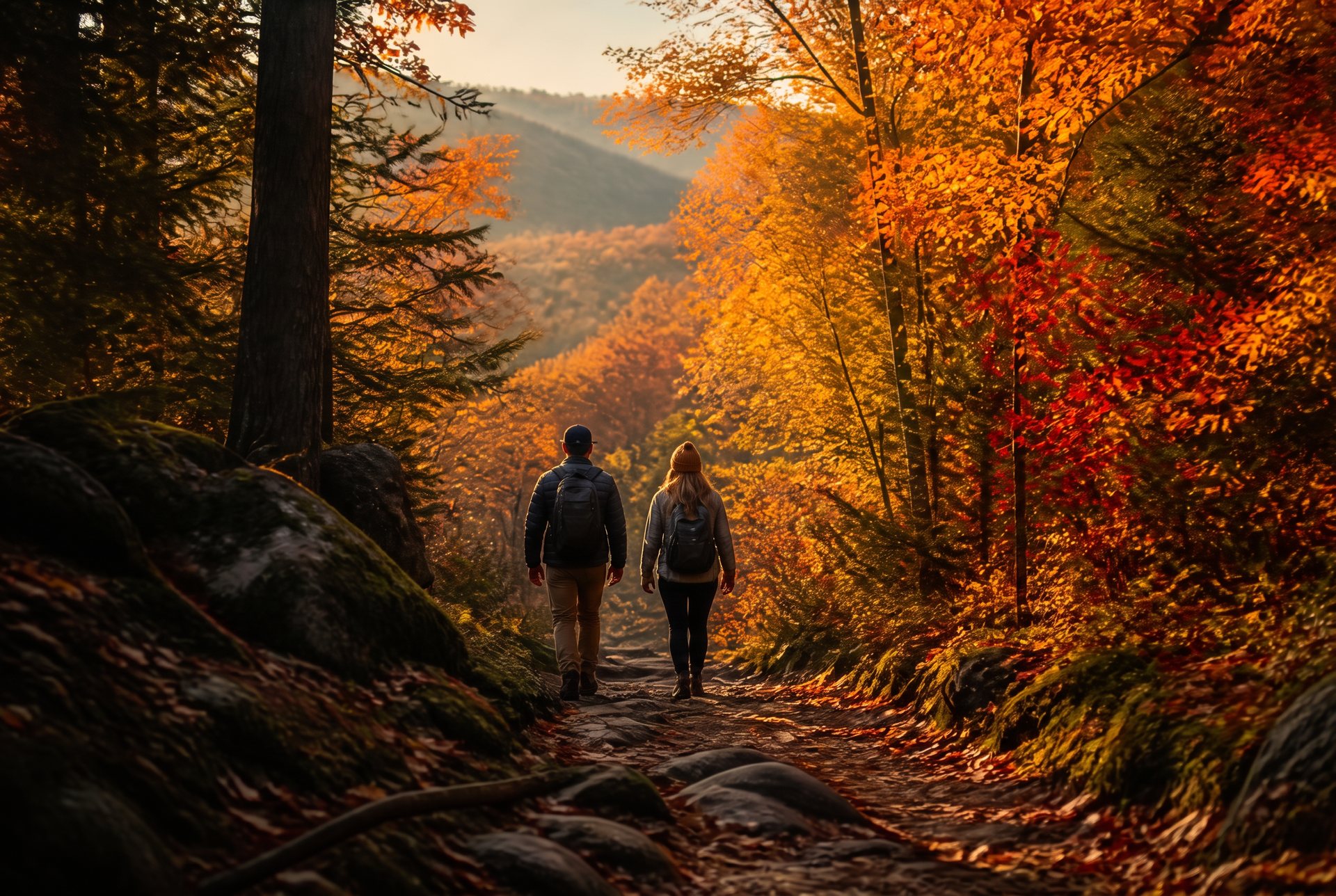 Two hikers on a forest trail in autumn