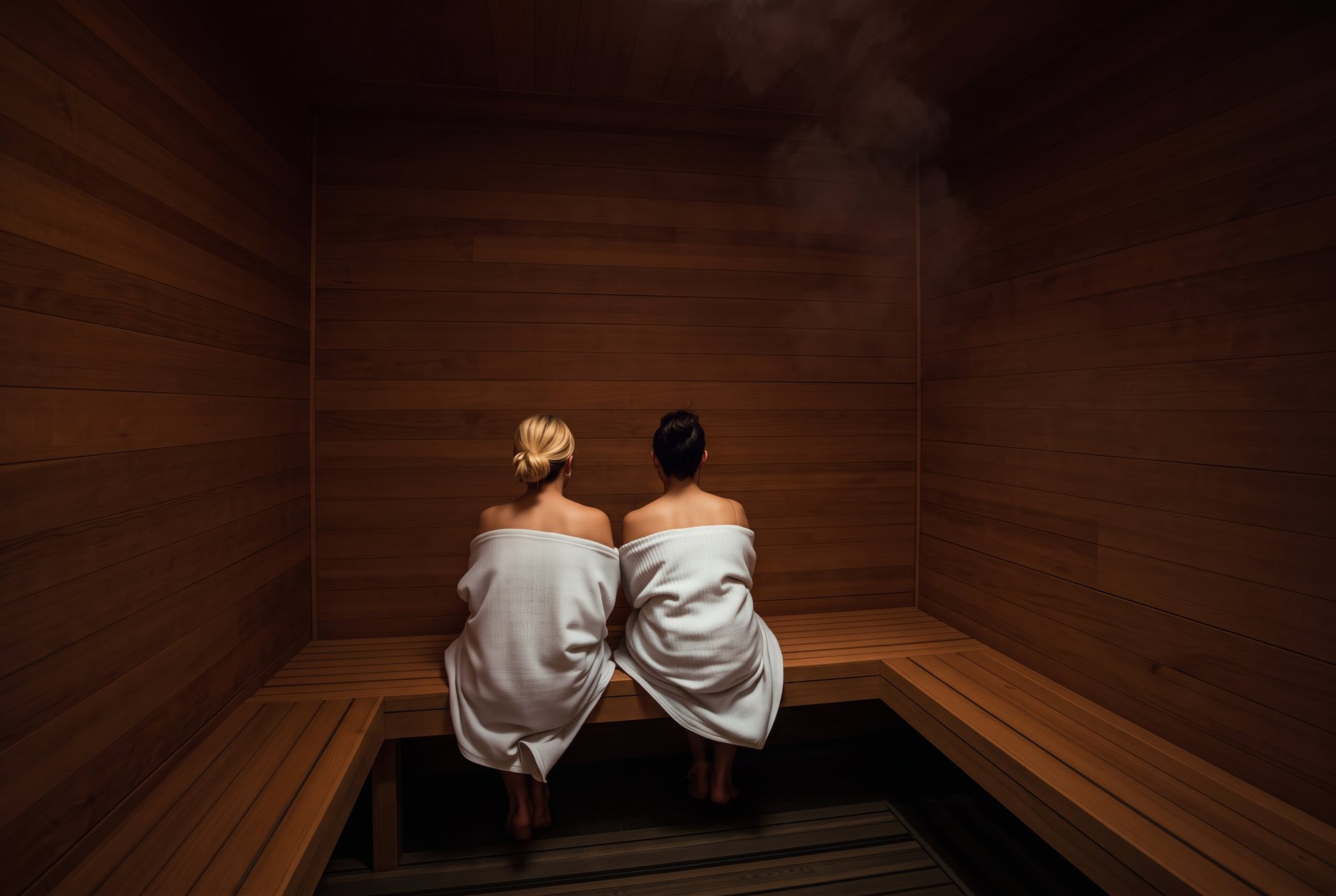 Two people relaxing in a cedar sauna