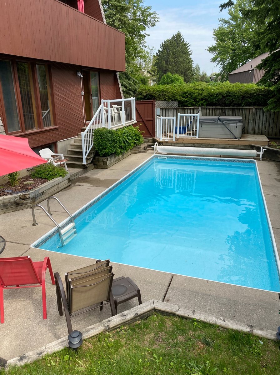 Private pool deck with hot tub and lounge chairs
